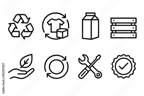 Circular Economy Icons. Circular Economy linear icon set: recycling arrows, product loop, packaging, crate, hand with leaf, reuse icon, repair tools, sustainability badge