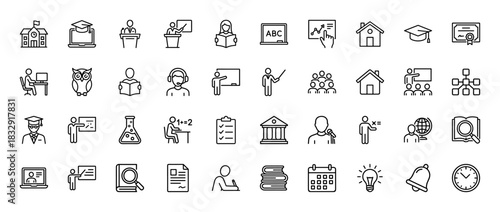 Education line icon set. Vector pictograms of school building, teacher, student, book, diploma, and laboratory glass, thin linear illustration.