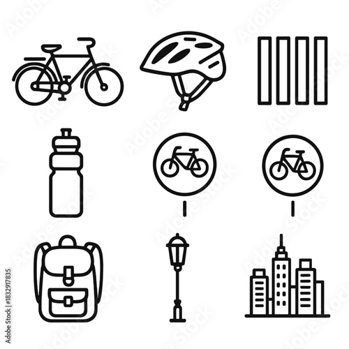 Urban Cycling Icons. Urban Cycling linear icon set: city bike, helmet, crosswalk, bike lane, water bottle, backpack, street light, skyline