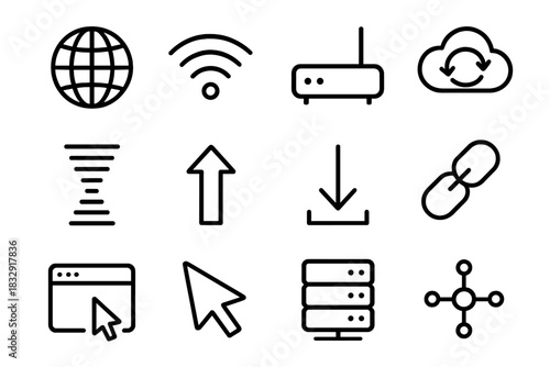 Internet Connectivity Icons. Internet Essentials Set linear icon set: globe network, wifi signal, router icon, cloud sync, data stream line, upload arrow, download arrow, link