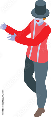 Street artist wearing a top hat and red jacket performing a pantomime show