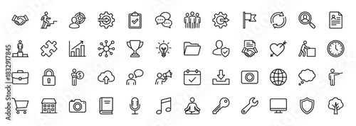 Business and management line icon set. Vector pictograms of teamwork, strategy, growth, security, and communication, thin linear illustration.