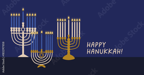 Happy Hanukkah card design. Festive horizontal background, jew banner with menorah candelabra, judaic candles for traditional Jewish religious holiday, greeting Hanukah. Flat vector illustration