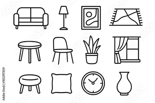 Modern Interior Icons. Modern Interiors linear icon set. sofa, floor lamp, abstract art, rug, table, chair, plant, window drape, stool, cushion, wall clock, vase