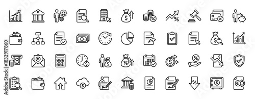 Business and finance line icon set. Vector pictograms of money bag, calculator, bank, investment, wallet, piggy bank, credit card, graph, safe, thin linear illustration.
