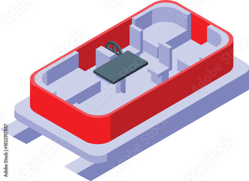 Isometric view of a modern maglev train interior, showcasing steering wheel, table, and seating arrangement