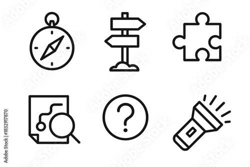 Adventure Symbol Icons. Exploration Curiosity Set linear icon set: compass, trail marker, puzzle piece, clue note, unknown shape, search light