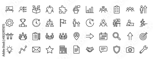 Business and corporate strategy line icon set. vector pictograms of teamwork, management, growth, success, and goal, thin outline illustration.