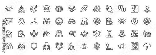 Business management line icon set. Vector pictograms of team, strategy, partnership, target, achievement, and leadership, thin linear illustration.