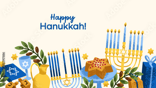 Happy Hanukkah greeting banner. Festive horizontal background with menorah candles, David star, dreidels, gifts, olive branch for Jewish tradition, hebrew holiday celebration. Flat vector illustration
