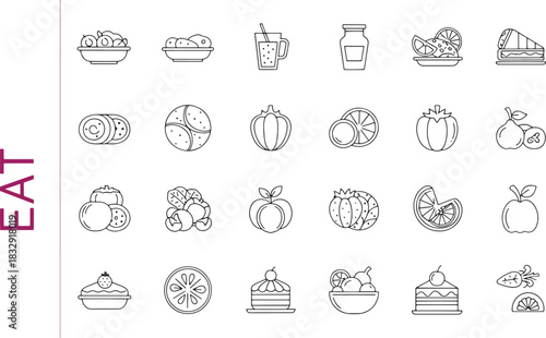 Collection of various food icons in outline style representing healthy eating and diverse dietary options for websites and designs
