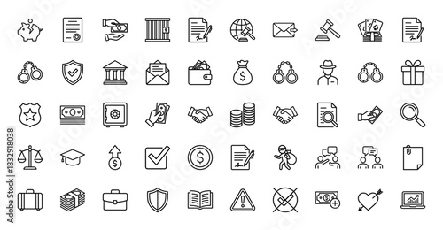 Justice and law line icon set. Vector pictograms of handcuffs, safe, money, gavel, and document, thin linear illustration.