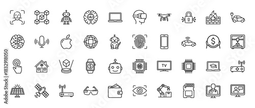 Technology and innovation line icon set. Vector pictograms of drone, brain, smartphone, security, and robotic automation, thin linear illustration.