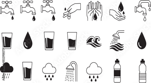 Collection of Water Themed Black and White Icons Showcasing Various Water Sources and Uses in Daily Life