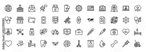 Healthcare and medicine line icon set. Vector pictograms of stethoscope, syringe, ambulance, heartbeat, and medical records, thin linear illustration.