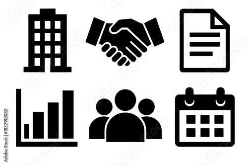 Brutalist Business Icons. Corporate deal making silhouette icon set. building, handshake, document paper, bar chart, group of people, calendar.
