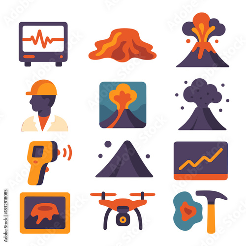 Volcanic Eruption Icons. Volcanic Eruption Study flat icon set: seismograph, hot lava, satellite view, eruption cone, scientist, heat sensor, ash fall, data chart, eruption map