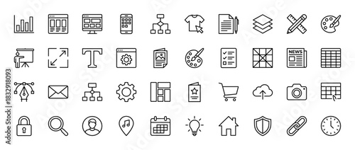 Web design and digital marketing line icon set. Vector pictograms of layout, chart, cart, cloud, mail, camera, search, home, clock, shield, link, thin linear illustration.