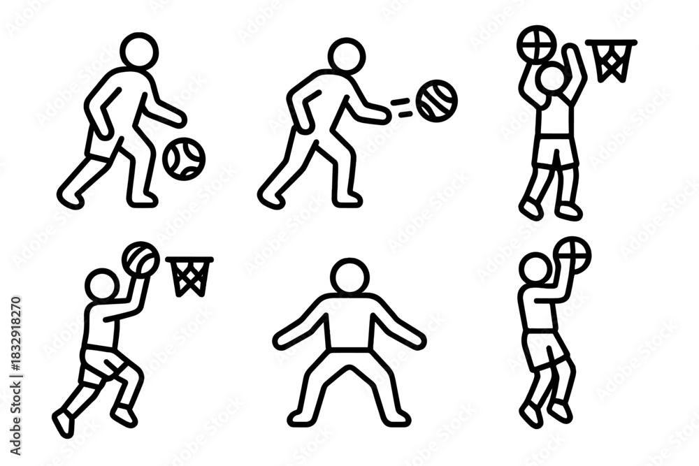 Naklejka premium Basketball Skills Icons. Drills & Skills linear icon set. dribbling, passing, shooting, layup, defense stance, jump shot