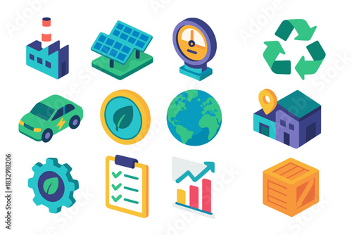 Sustainable Icon Set. Net-zero operations flat icon set: factory building, solar field, energy meter, recycling loop, electric vehicle, emission-free badge, world map, smart