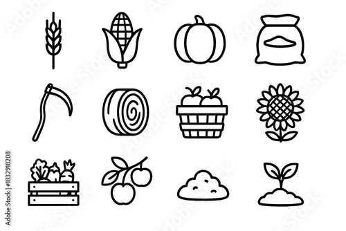 Autumn Harvest Icons. Harvest Elements Set linear icon set: wheat stalk, corn ear, pumpkin, grain sack, scythe, hay bale, apple basket, sunflower, crate of vegetables, orchard