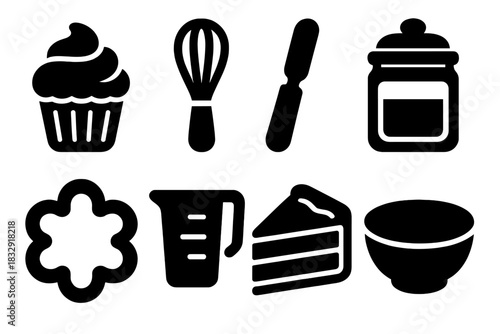Bold Baking Icons. Sweet Baking Set silhouette icon set. cupcake, whisk, icing spatula, sugar jar, cookie cutter, measuring cup, cake slice, bowl.