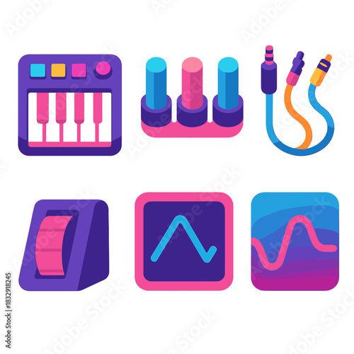 Synth Icon Set. Synth Creation flat icons set. keyboard synthesizer, knobs, patch cables, oscillator icon, modulation wheel, waveform shape