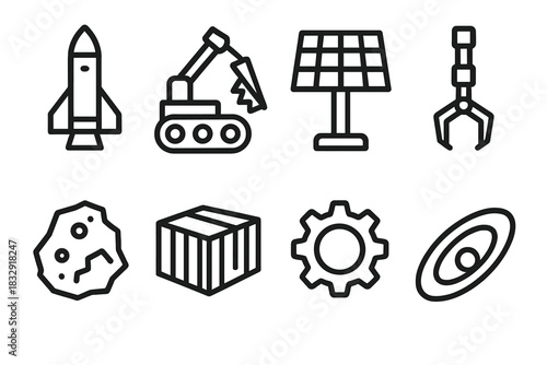 Space Industry Icons. Space Industry linear icon set: rocket, mining rig, solar panel, robotic claw, ore sample, transport container, gear, orbit ring
