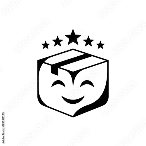 Package with a happy face and five stars symbolizing online shopping  