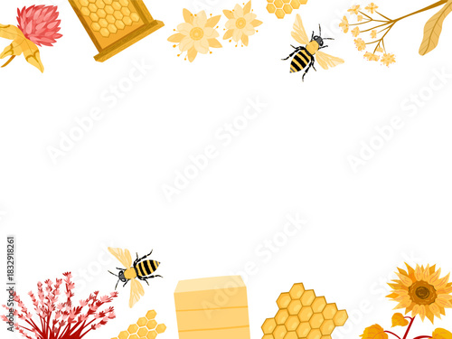 Bright floral frame featuring bees and blossoms in soft yellow and orange tones. Ideal for invitations, packaging, eco-products, or beekeeping themes.