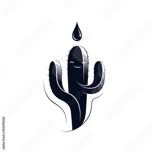 Cactus receiving a water drop in minimalist vector style  