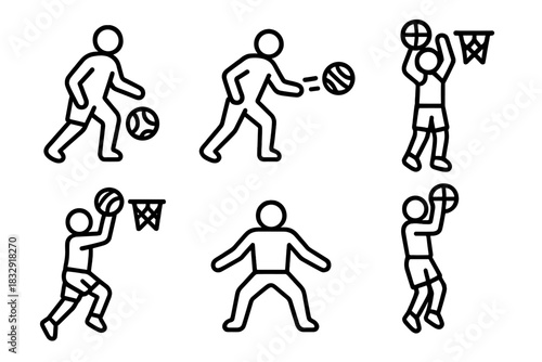Basketball Skills Icons. Drills & Skills linear icon set. dribbling, passing, shooting, layup, defense stance, jump shot