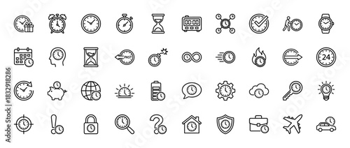 Time management line icon set. Vector pictograms of clocks, stopwatch, calendar, hourglass, and watches, thin linear illustration.