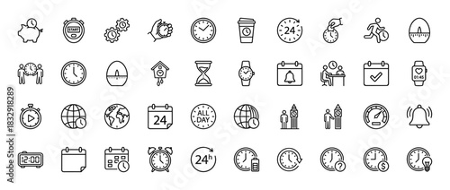 Time management and scheduling line icon set. Vector pictograms of clock, stopwatch, calendar, alarm, and hourglass, thin linear illustration.