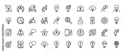 Creative idea generation line icon set. vector pictograms of lightbulb, brain, thinking, solution, and innovation, thin linear illustration.