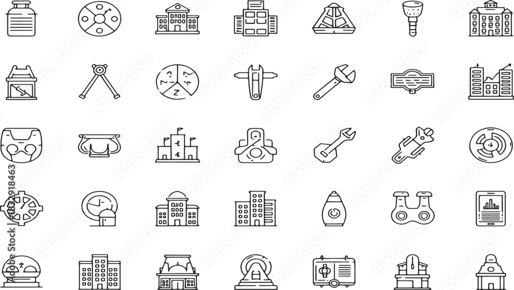 Fototapeta premium Diverse Set of Outline Icons Featuring Buildings Tools and Various Miscellaneous Objects Representing Different Concepts and Industries