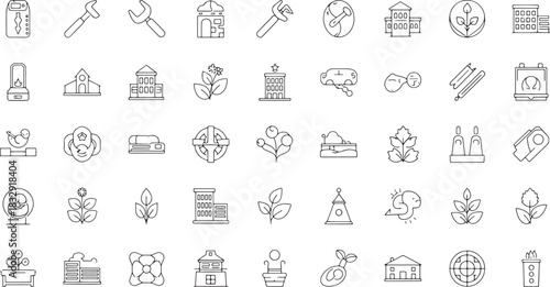Diverse Icon Set with Line Art Style Illustrating Varied Concepts and Subjects for Design Projects