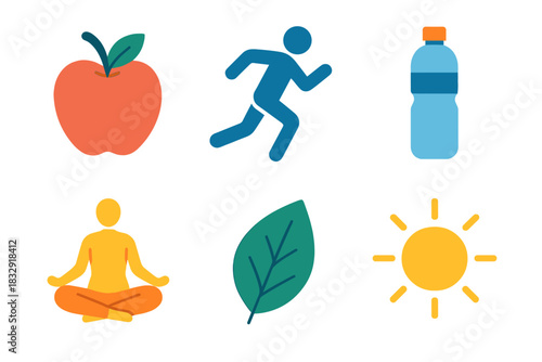 Modern Health Icons. Healthy Lifestyle flat icons set. apple, running figure, water bottle, yoga pose, leaf, sunshine