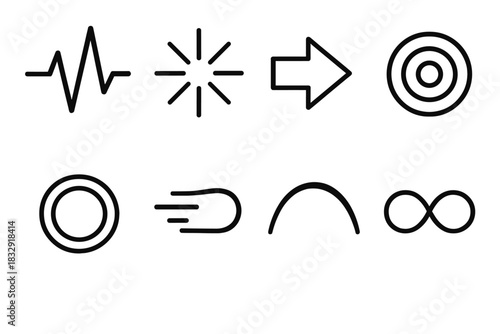 Dynamic Energy Icons. Energy Flow Set linear icon set: pulse line, radiating spark, current arrow, ripple field, glowing ring, motion streak, rising arc, continuous loop