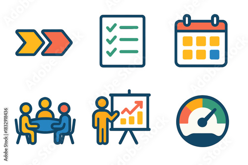 Modern Business Icons. Business Workflow Set flat icon set: workflow arrows, task list, calendar, meeting table, presentation board, progress gauge