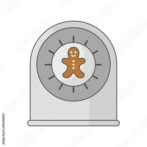 Gingerbread timer dial illustration. Round kitchen timer form. Small gingerbread motif detail. Simple holiday timing shape. Minimal festive kitchen piece.
