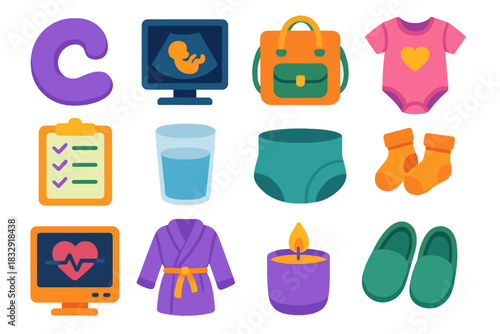 Expecting Essentials Icons. Expecting Essentials flat icon set: maternity pillow, ultrasound screen, diaper bag, baby onesie, prenatal checklist, water glass, belly band, newborn