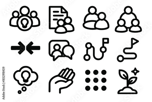 Team Learning Icons. Team Learning Culture Collection silhouette icon set: group brainstorm, shared document, study circle, co-learning arrows, collaborative bubble, learning path