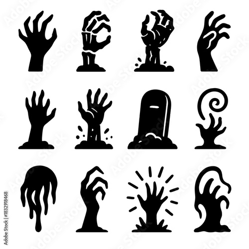 Ghoul Hand Icons. Ghoul Hand Symbols linear icon set: undead claw, skeletal grip, rotting wrist, curled finger pose, rising silhouette, dirt spray, empty grave marker, spooky swirl