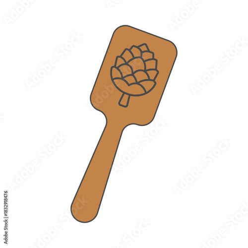 Pinecone oven rack pull illustration. Short wooden puller form. Carved pinecone detail. Simple holiday kitchen shape. Minimal festive cooking piece.