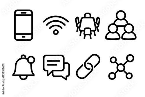 Team Connectivity Icons. Team Connectivity linear icon set. smartphone, Wi-Fi symbol, conference table, team avatars, notification bell, message thread, link icon, connection nodes