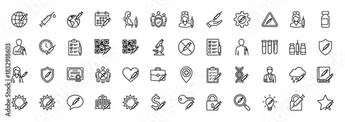 Medical health vaccination line icon set. Vector pictograms of syringe, nurse, shield, heart, calendar, and security, thin linear illustration.
