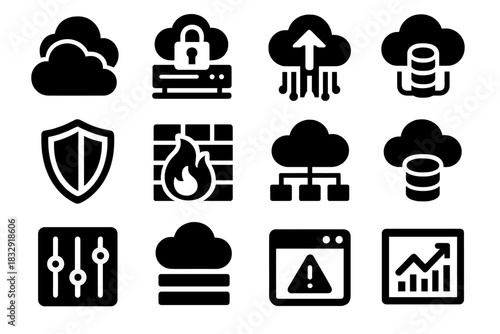Brutalist Cloud Icons. Cloud Transition silhouette icon set. cloud stack, secure server, upload symbol, data stream, shield icon, firewall grid, network map, storage tower, control