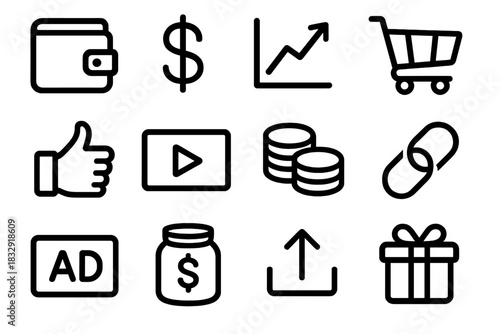 Online Monetization Icons. Online monetization linear icon set. wallet, dollar sign, analytics chart, shopping cart, like icon, video frame, coin stack, link icon, ad banner, tip