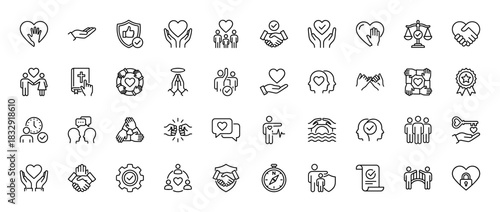 Relationship and ethics line icon set. vector pictograms of heart, hands, shield, handshake, and compass, thin linear illustration.